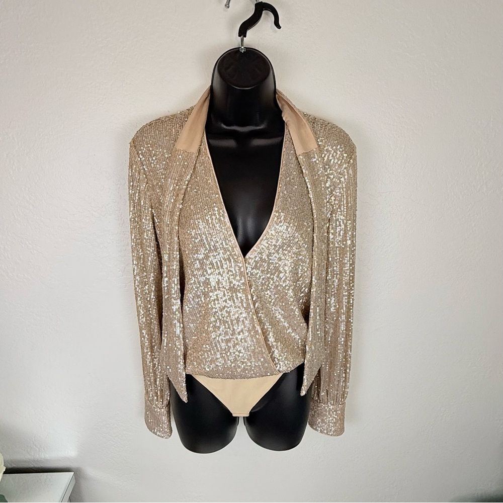 JONATHAN SIMKHAI Rose Gold Sequin Drape Front Bodysuit Size Small Glam Cocktail